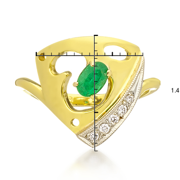 Золотое треугольное кольцо с изумрудом и бриллиантами