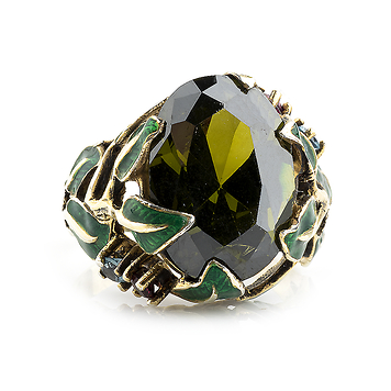 Серебро кольцо с крупным оливковым фианитом и эмалью