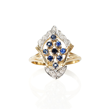 кольцо из лимонного золота с природными сапфирами и бриллиантами