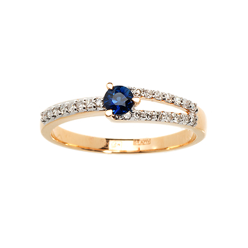 Золотое кольцо с круглым синим сапфиром и бриллиантами
