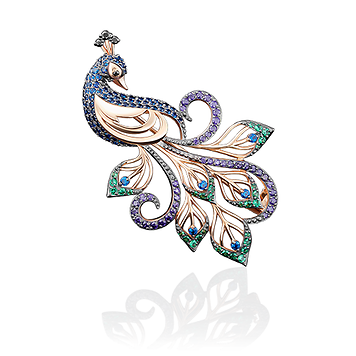 Брошь, красное золото, цветные фианиты