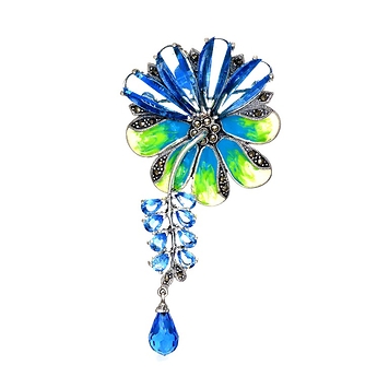 Брошь-кулон "цветок" из серебра с эмалью и голубыми фианитами