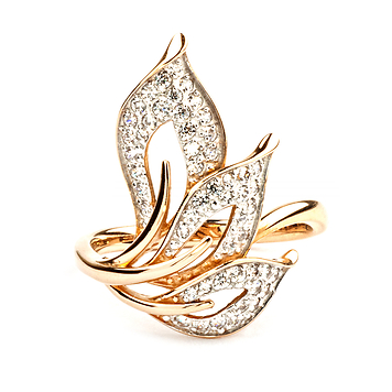 Золотое кольцо "листья" с фианитами