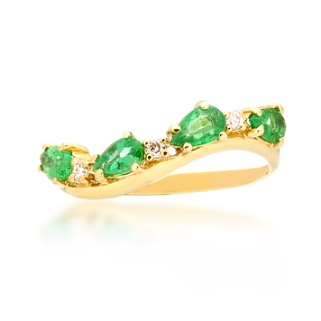 Золотое кольцо дорожка с каплевидными изумрудами и бриллиантами