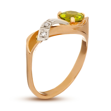 Золотое кольцо с натуральным хризолитом и бриллиантами