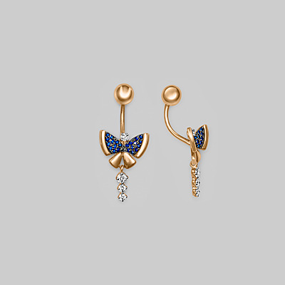 Пирсинг "бабочка", красное золото, цветные фианиты