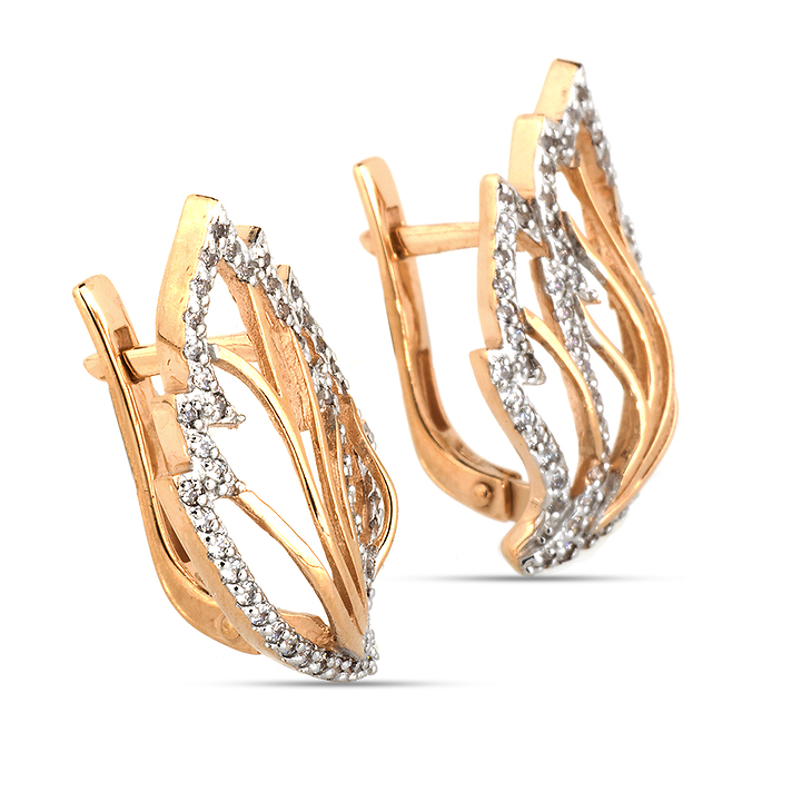 Золотые серьги "листья" с фианитами