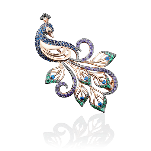 Брошь, красное золото, цветные фианиты