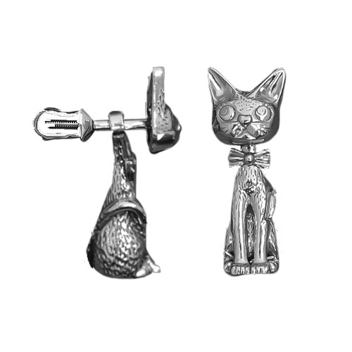 Серебряные родированные серьги-пусеты (гвоздики) "Кошка"