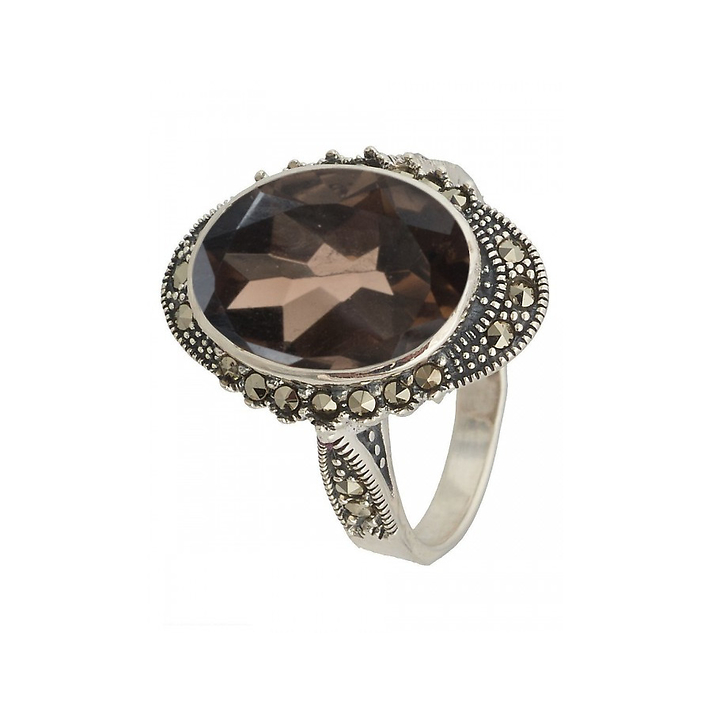 Серебряное кольцо с овальным раухтопазом и марказитами
