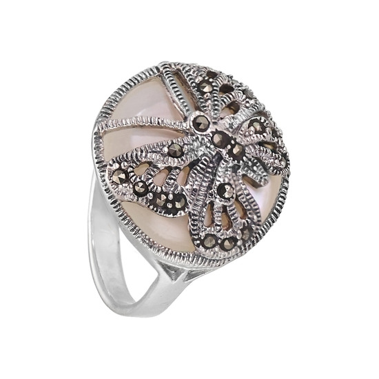 Серебряное кольцо "бабочка" с белым перламутром и марказитами
