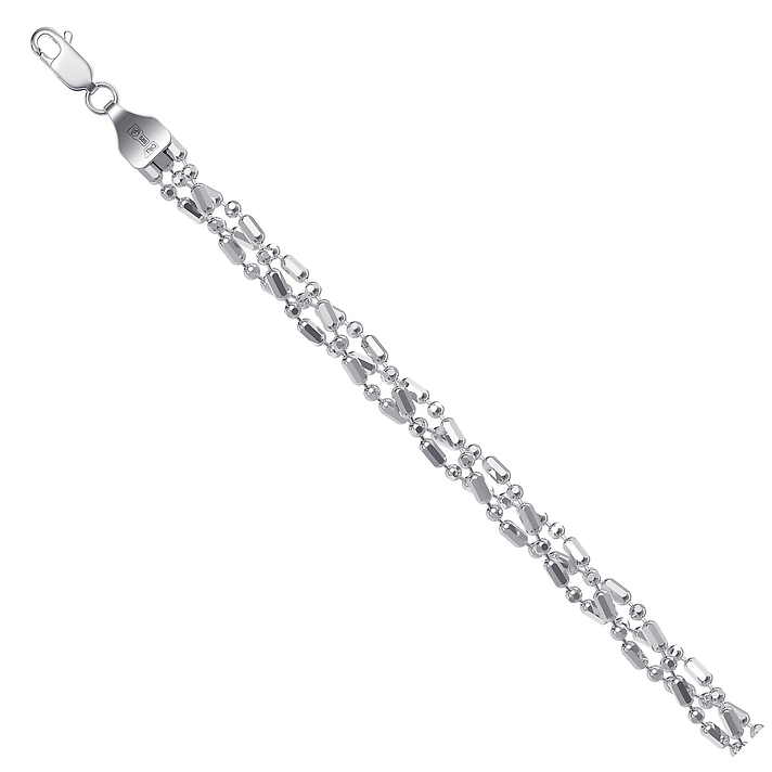 Серебряная родированая плетёная цепь-колье "шарик бочка (точка тире)" с алмазной гранью