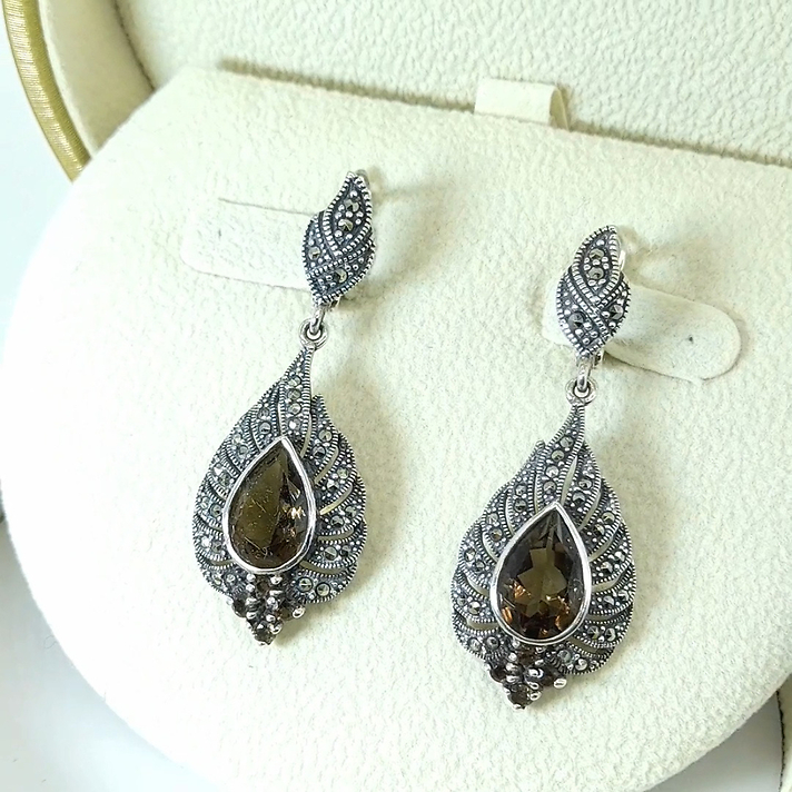 серьги из серебра 925-й пробы с дымчатым топазом