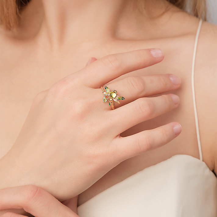 Кольцо, красное золото, хризолит