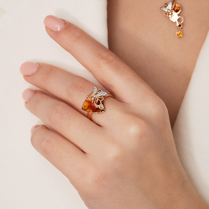 Кольцо, красное золото, топаз, янтарь