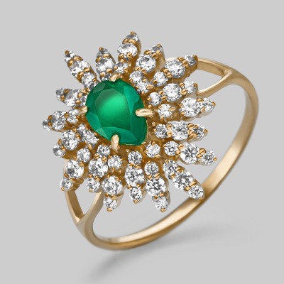 Кольцо, красное золото, халцедон зеленый (облагороженный по цвету), фианит