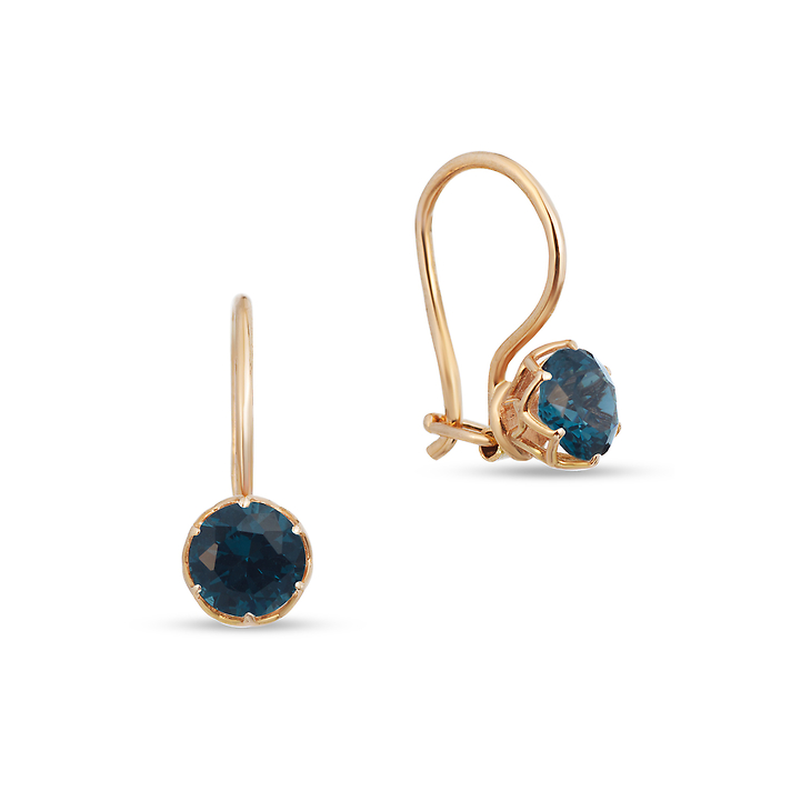 детские золотые серьги "лотос" с камнем цвета морской волны, с французским замком