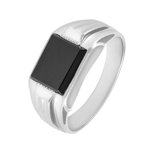 родированная серебряная кольцо (печатка) с черным камнем