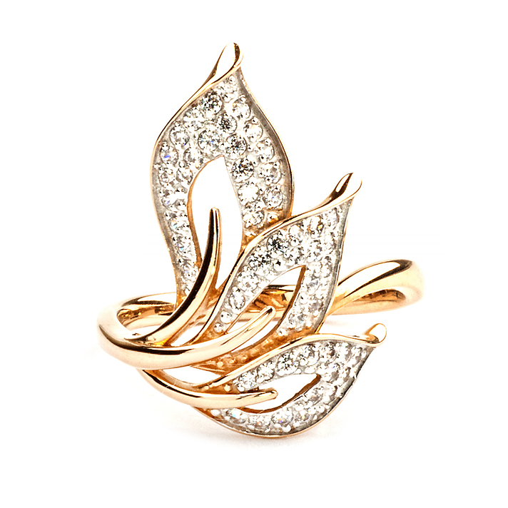 Золотое кольцо "листья" с фианитами